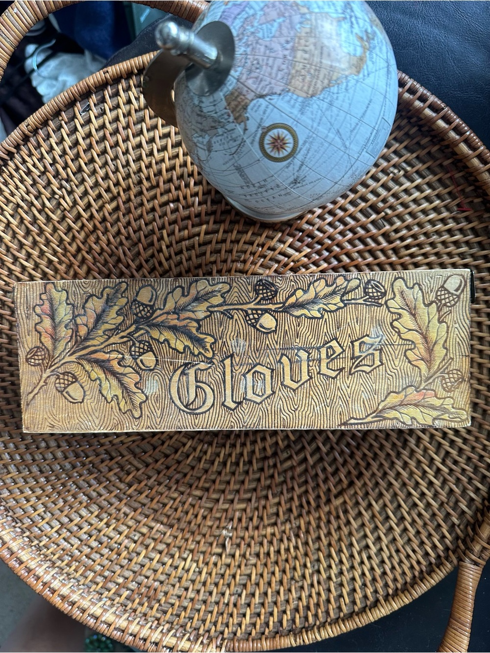 Antique wood burned pyrography “Gloves” Acorn Oak Box 10 x 3.5 x 1.75”